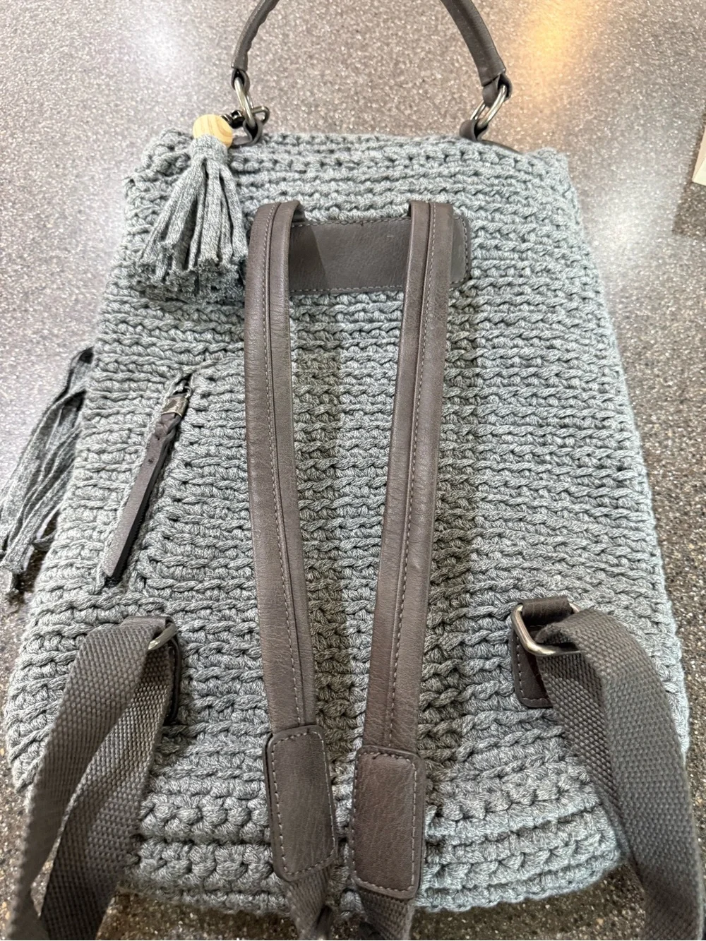 The Sak Gray Knit Backpack with Dark Brown Straps